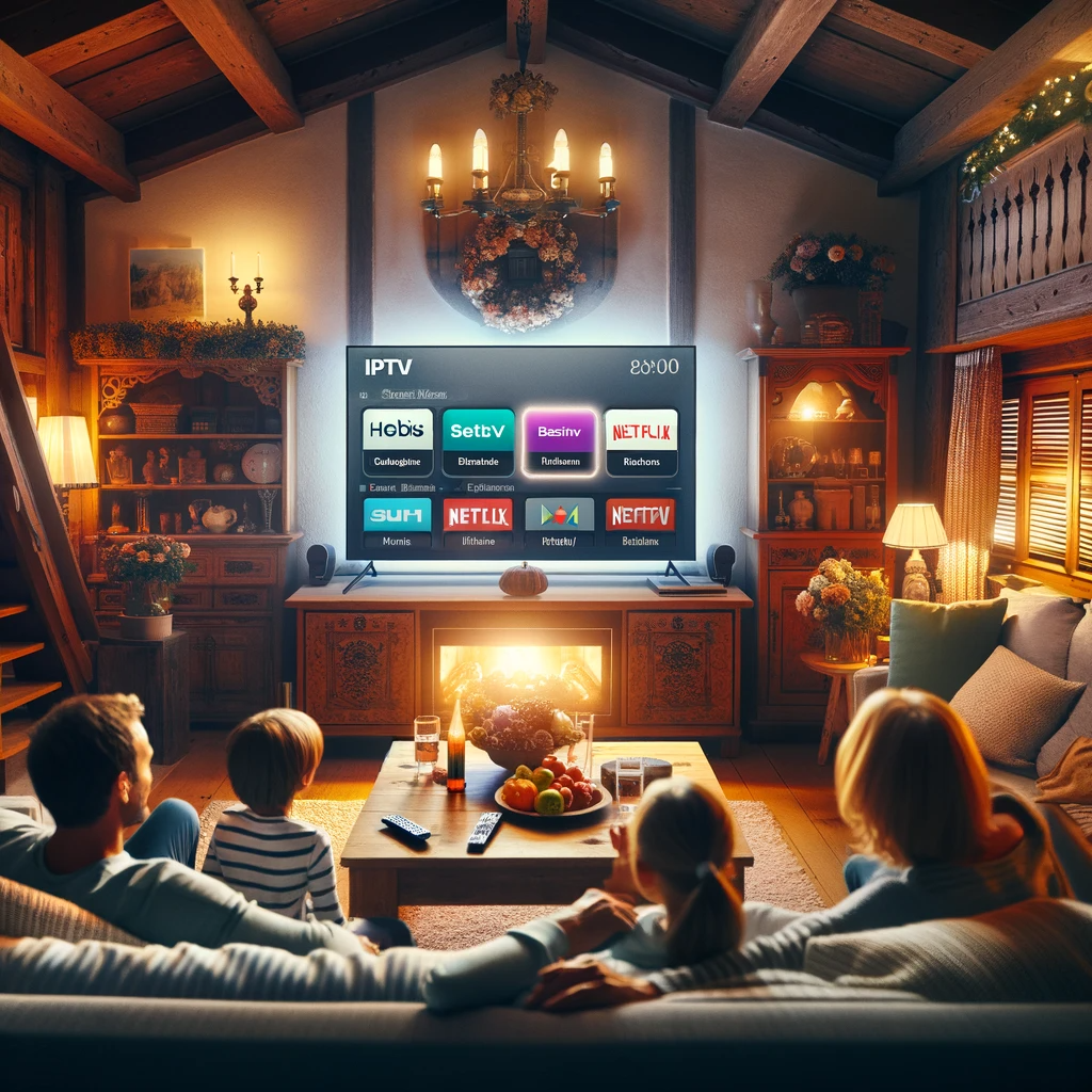 Family watching IPTV in a traditional Austrian living room.